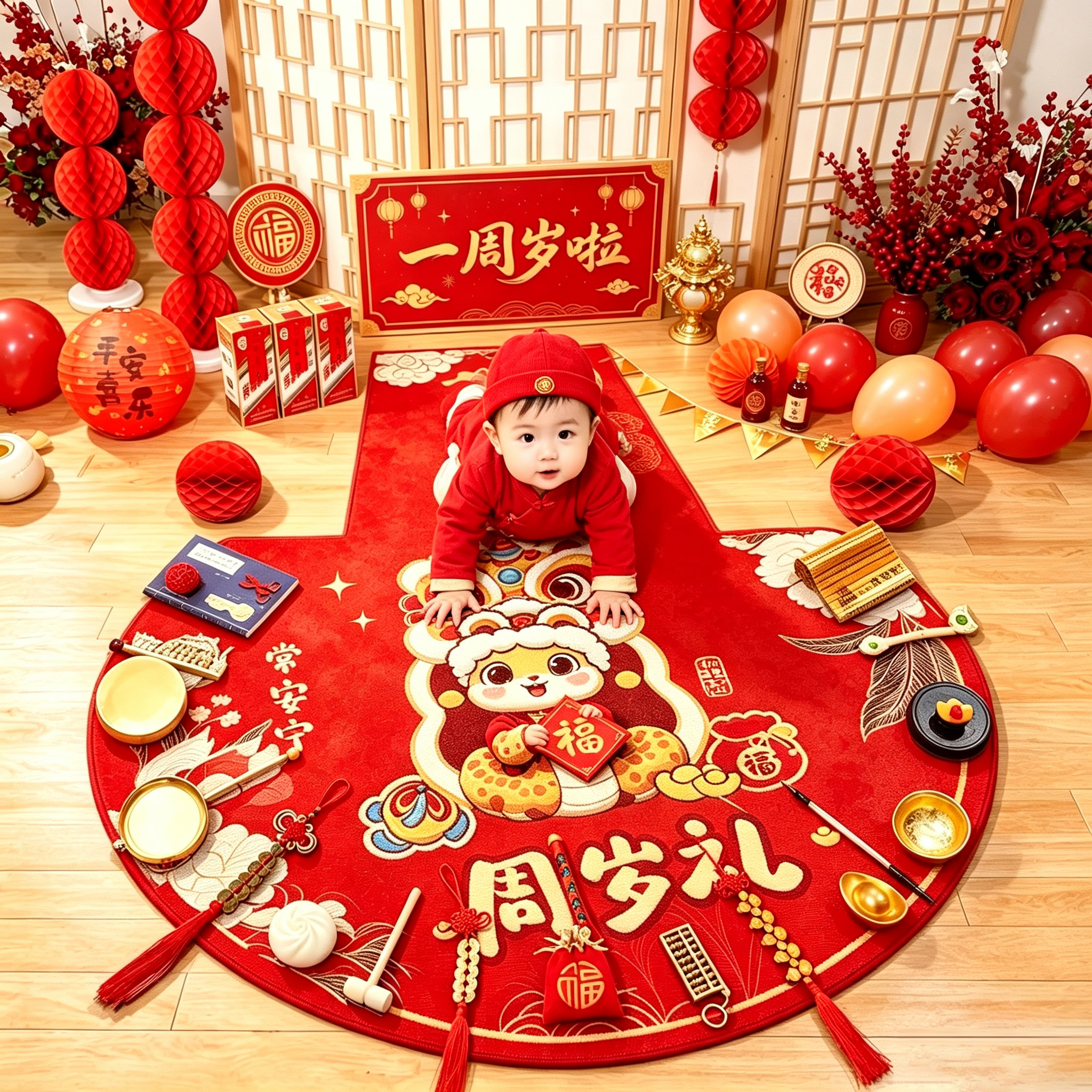 抓周道具用品一周岁布置全套装宝宝婴儿生日家庭版抓阄礼仪式摆件