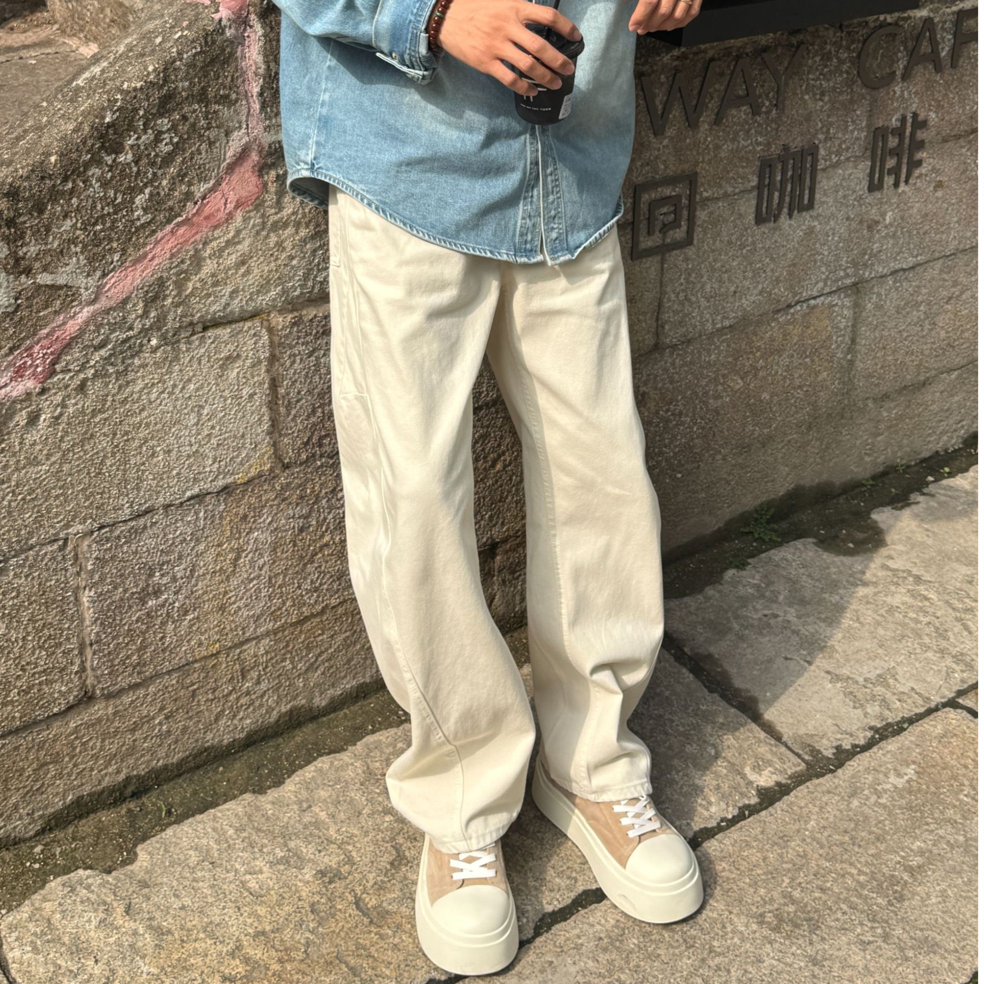 Gy美式高品质高级弯刀廓形白色直筒阔腿香蕉长裤美式休闲牛仔裤男