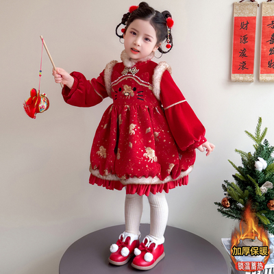 女童拜年服花苞连衣裙2025新款儿童装女孩冬季加绒加厚新年裙子