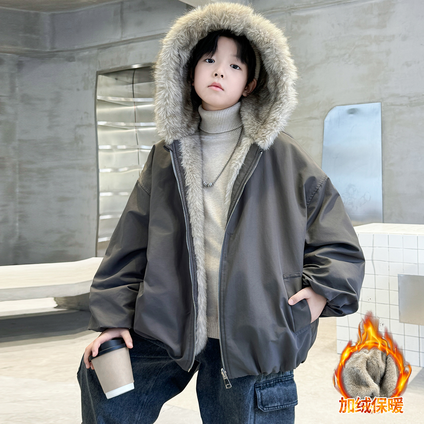 男童加绒外套秋冬款2025新款