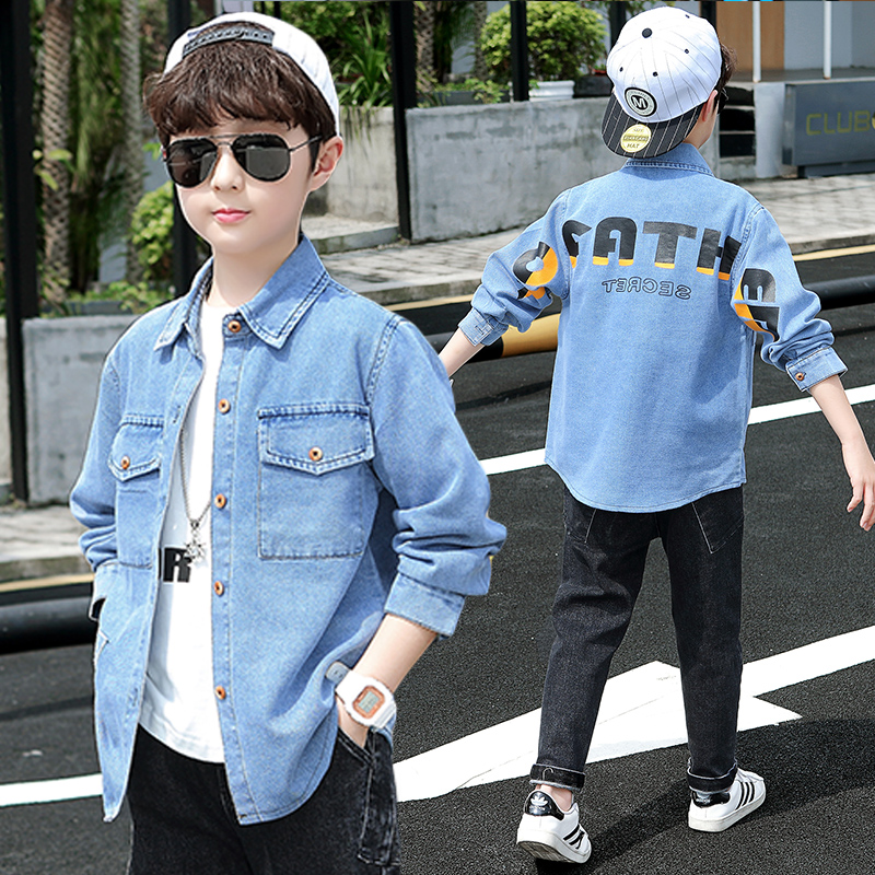 男童衬衫牛仔长袖衬衣2023新款春秋薄款外套10中大童12儿童装15岁