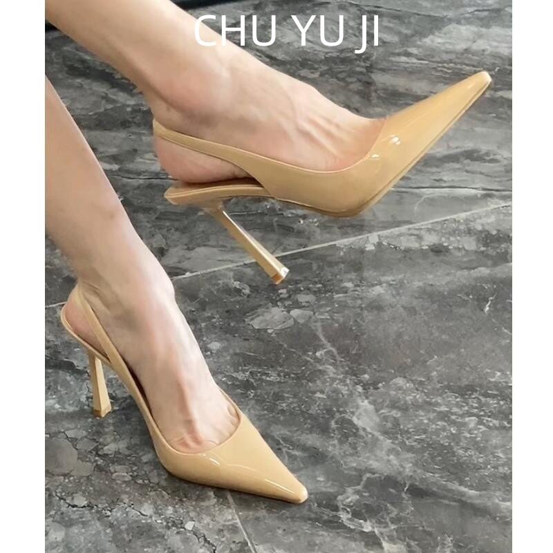 四季通用裸色细跟尖头性感后空凉鞋女法式气质不累脚包头高跟鞋女