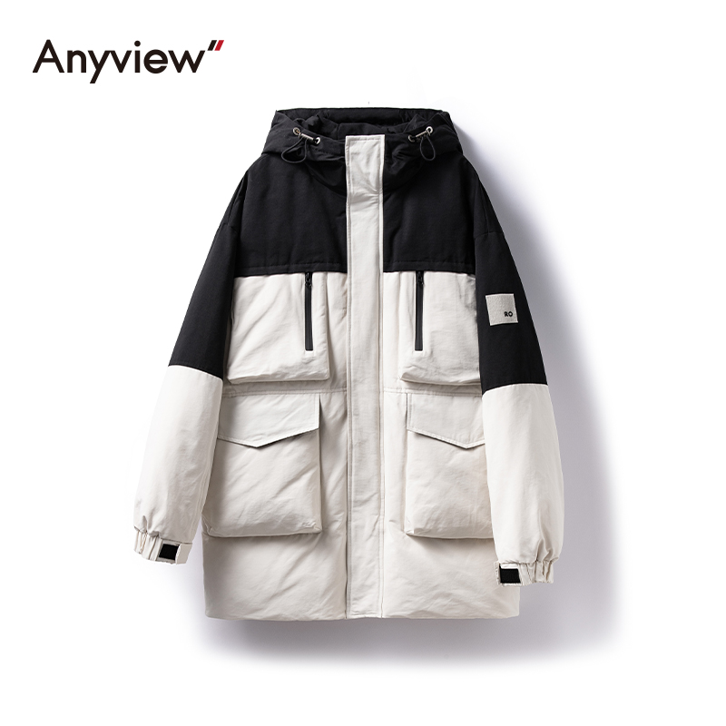 Anyview男装羽绒服青年拼色简约中长款连帽工装加厚保暖2251L1015