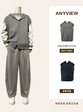 Anyview专柜同款简约风连帽针织秋冬保暖马甲男无袖纽扣毛衣外套