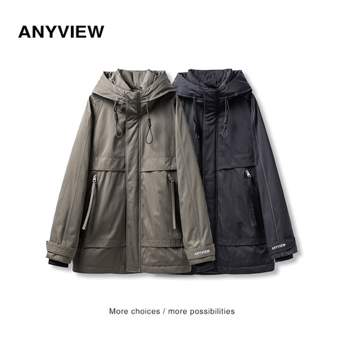 Anyview男装个性连帽加厚中长款羽绒服抽绳休闲青年保暖2251L6006