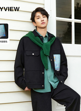 原创日系男翻领夹克简约修身拼接贴布口袋时尚帅气青年春秋外套
