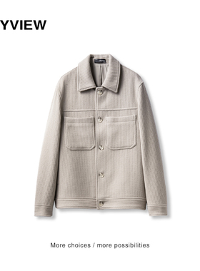 Anyview羊毛大衣男士翻领简约短款肌理感条纹外套单排扣多口袋潮