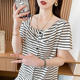 条纹短袖 别致方领体恤 T恤女夏装 轻职场小个子上衣显瘦正肩新爆款