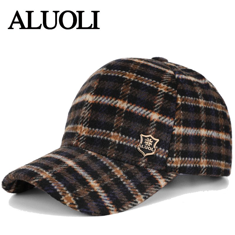2025新款男帽子冬季中年保暖毛呢棒球帽中老年复古英伦格纹鸭舌帽