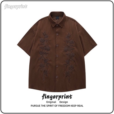 美式休闲痞帅花卉刺绣宽松痞帅男女短袖衬衫潮流灯芯绒衬衣青少年