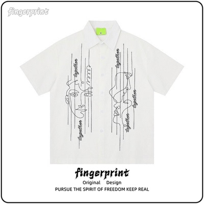 ZW男装美式高街卡通刺绣翻领短袖衬衫男女宽松潮牌嘻哈情侣衬衣