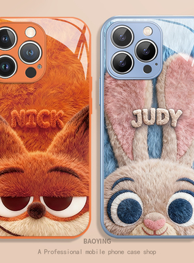 毛绒尼克朱迪适用opporeno15pro手机壳findx9狐x8s+疯狂x7情侣x6ULTR动物城13/12兔poop女11橙色10毛茸茸0pp0