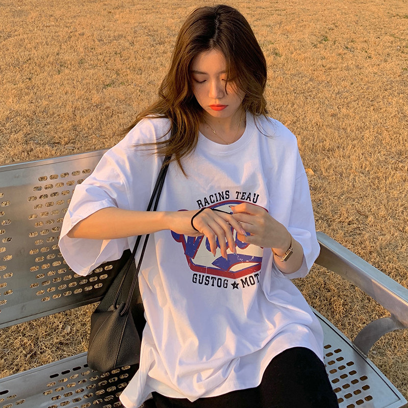 美式复古短袖t恤女2021宽松韩版ins潮牌原宿风hiphop炸街半袖上衣