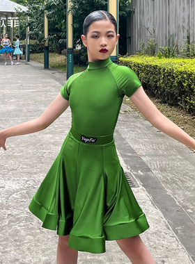 语歌菲拉丁舞比赛服女童高端短袖高领分体夏专业黑池国标舞规定服