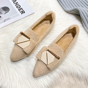 小香风毛毛鞋冬季一脚蹬豆豆鞋女冬加绒貂毛瓢鞋软底尖头毛绒单鞋