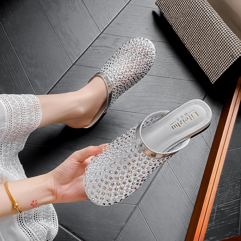 满钻包头半拖鞋女外穿2025春季新款厚底平底舒适懒人一脚蹬鞋