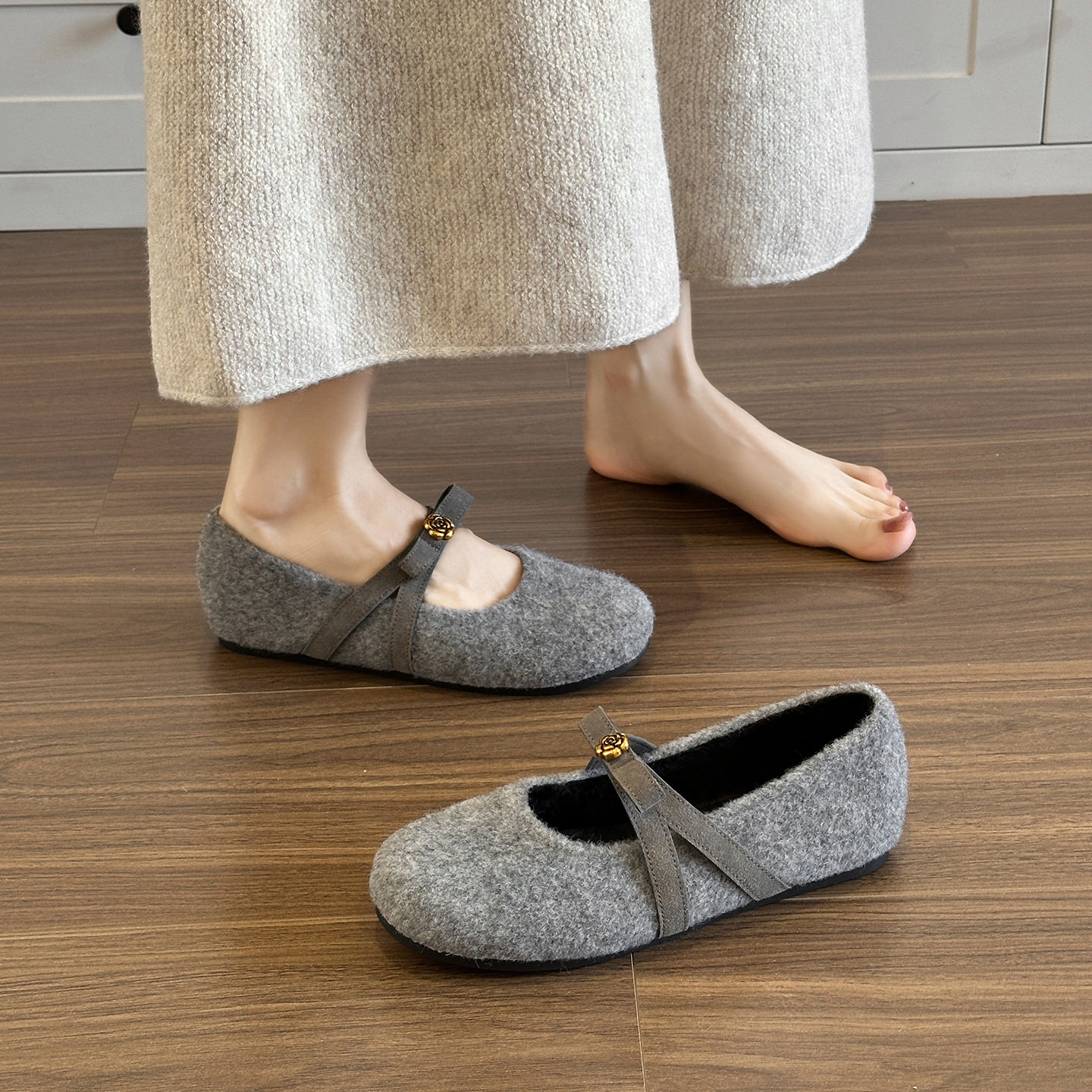 复古毛呢玛丽珍鞋女圆头平底一字带毛毛鞋蝴蝶结加绒保暖晚晚单鞋,女鞋,浅口单鞋,淘宝优惠券,粉丝福利购,淘宝优惠卷