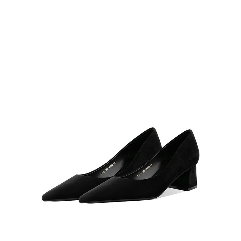 粗跟单鞋女鞋新款春季绒面黑色工作鞋上班尖头中跟高跟鞋5cm