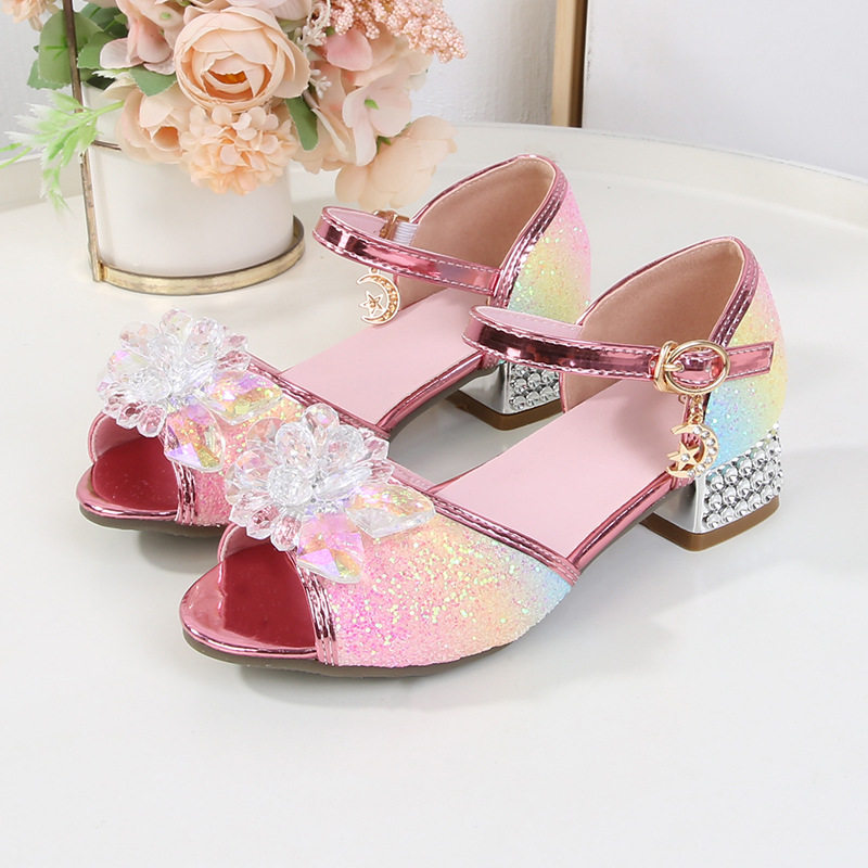 女童高跟凉鞋2024夏季儿童水晶鞋子中大童爱莎公主鞋中小童公主风