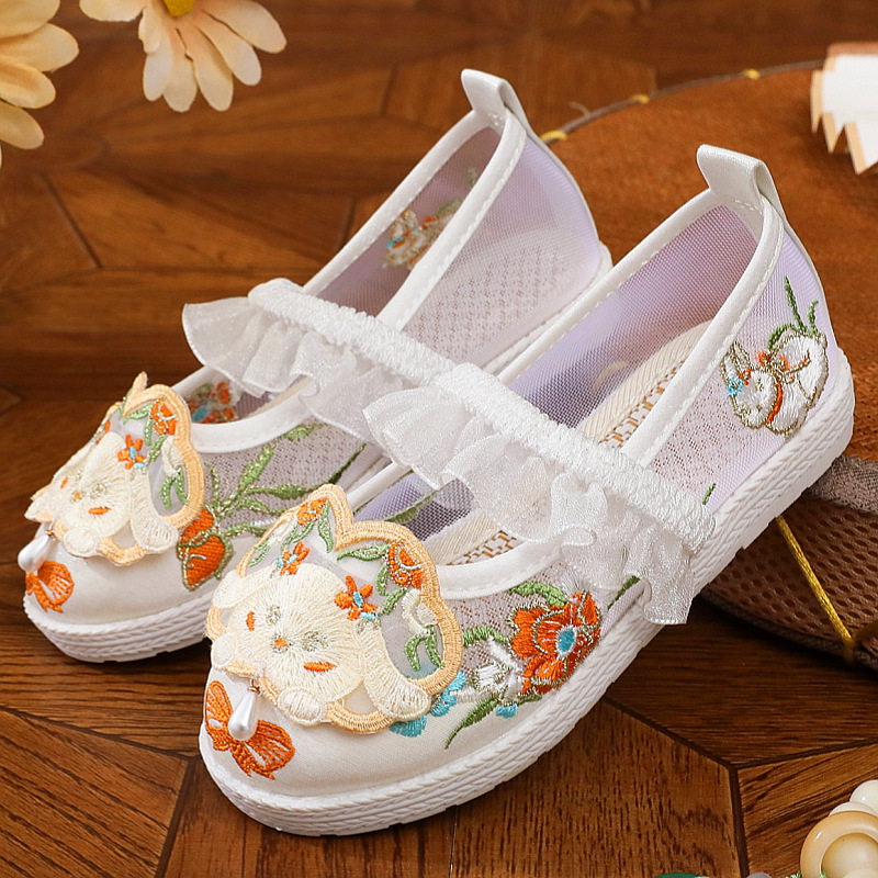 汉服绣花鞋女童夏季2025新款手工网鞋儿童古风透气网纱老北京布鞋