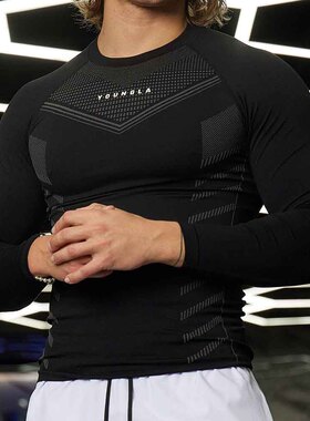 YOUNGLA速干紧身长袖美式肌肉撞色高弹t恤体能训练健美男上衣黑色