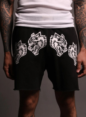 DARC SPORT狼头美式毛圈棉短裤时尚休闲毛边五分裤田径训练裤子夏