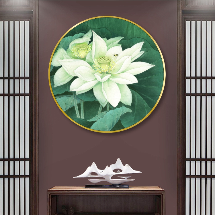 荷花晶瓷画中式铝合金圆形客厅沙发墙画玄关装饰画展厅走廊挂画图片