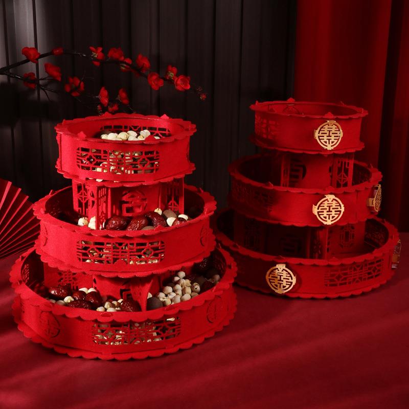 婚庆用品大全婚礼客厅婚宴喜字干果盘糖果瓜盘三层无纺布果盘
