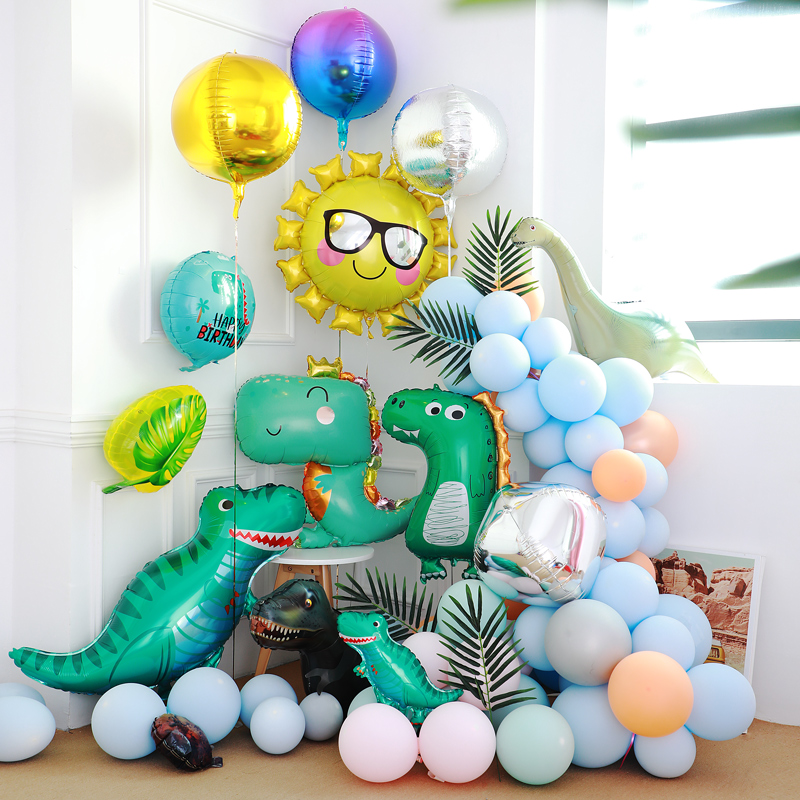 儿童生日派对装饰场景布置幼儿园森林恐龙铝膜气球太阳笑脸背景墙