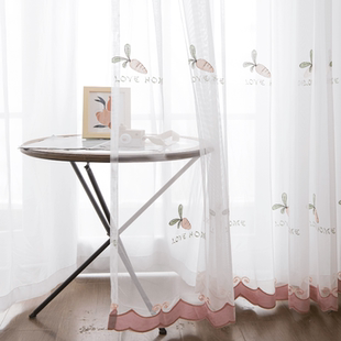 田园透光窗纱打孔儿童房萝卜卡通窗帘男孩女孩卧室客厅白纱免打孔