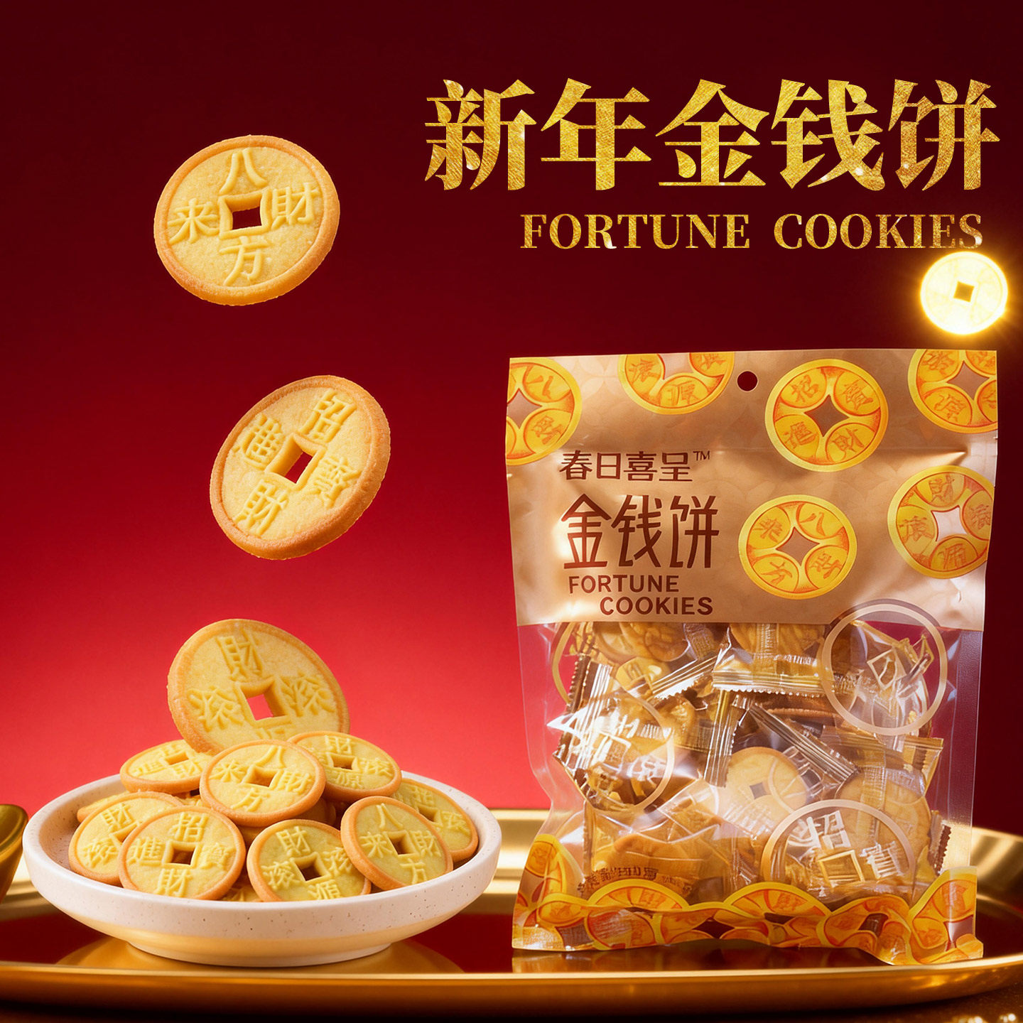 春日喜呈新年主题祝福语金钱饼干招财进宝独立包装休闲年货零食