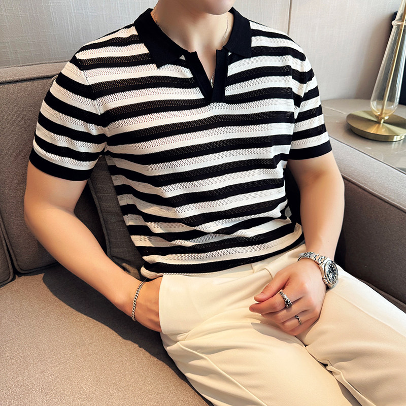 夏季男士PLO衫针织衫V领时尚设计拼色上衣男短袖1235-P55图片