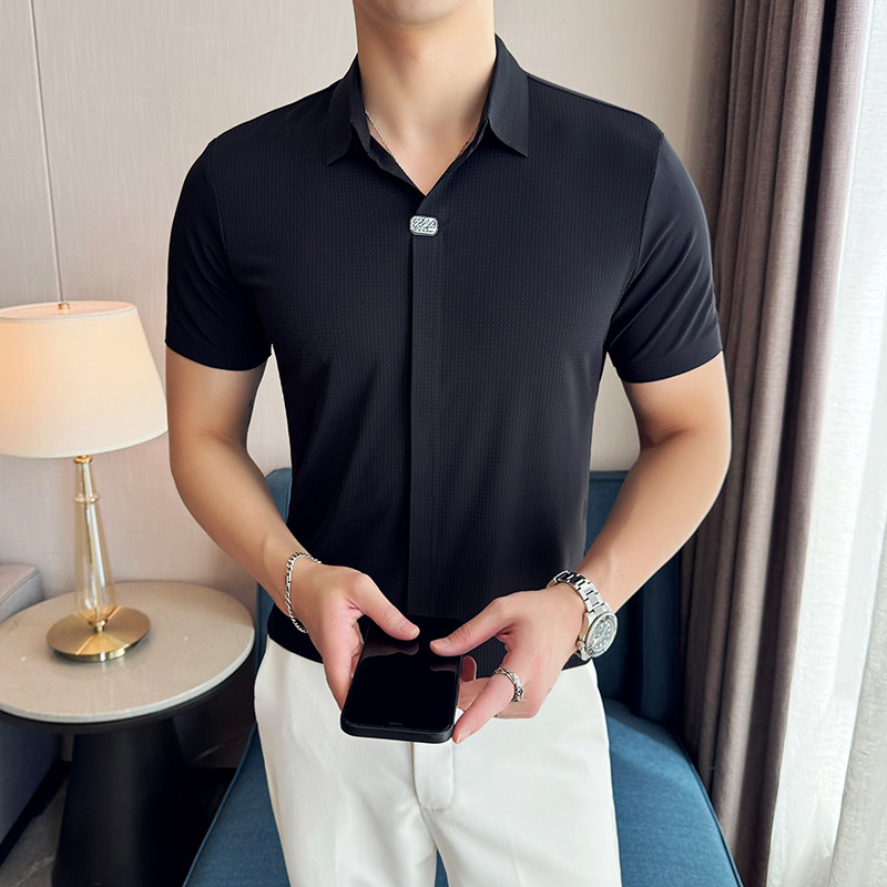 冰丝无痕高弹V领PLO衫华夫格短袖上衣男2817-P62,男装Polo衫,星座1606