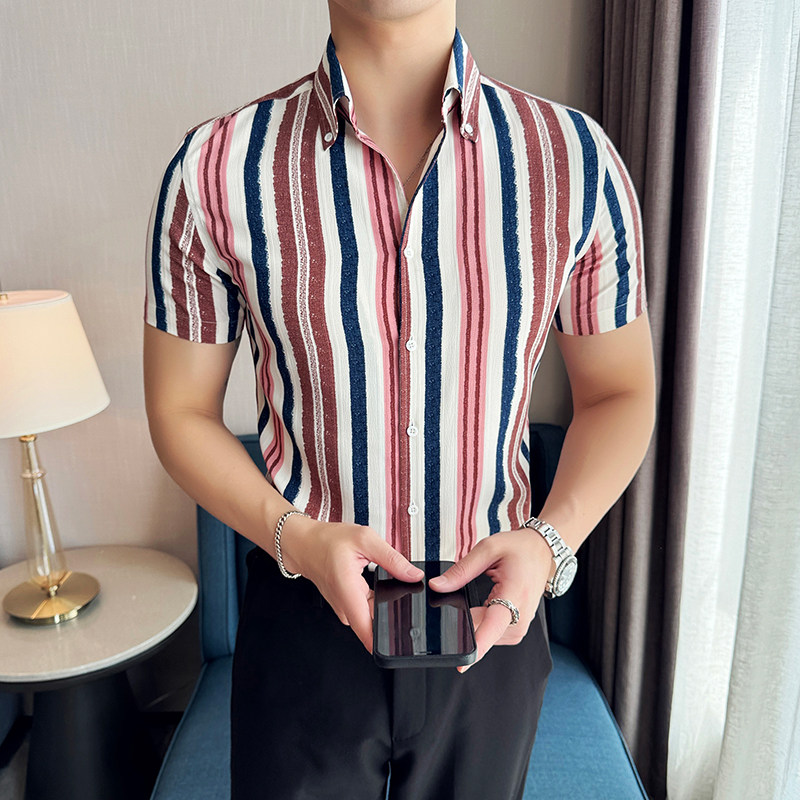 夏季新款韩版修身时尚彩色条纹衬衫短袖上衣男2812-P58,男装衬衫,星座1606