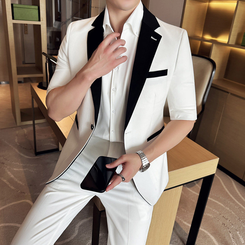夏季薄款时尚拼接小西装九分裤西服套装2401-P210，男装西服套装，星座1606