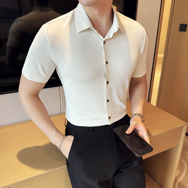 肌理纹冰丝高弹无痕衬衫修身短袖衬衣男2807-P63,男装衬衫,星座1606