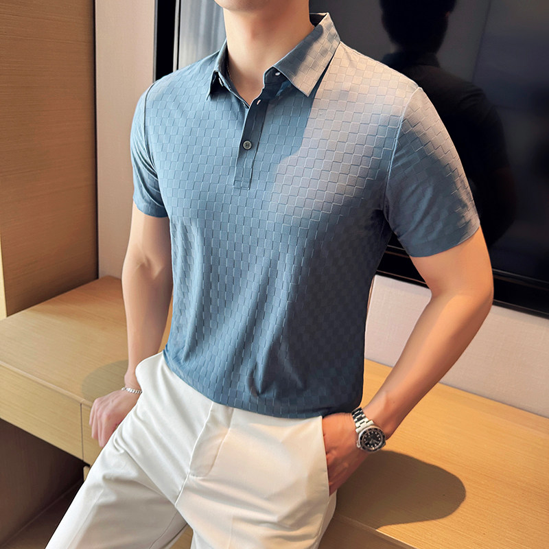 棋盘格冰丝无痕PLO衫高弹上衣男短袖2813-P58图片