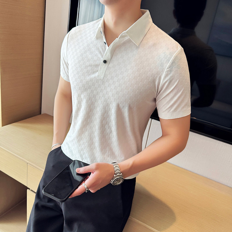 棋盘格冰丝无痕PLO衫高弹上衣男短袖2813-P58,男装Polo衫,星座1606