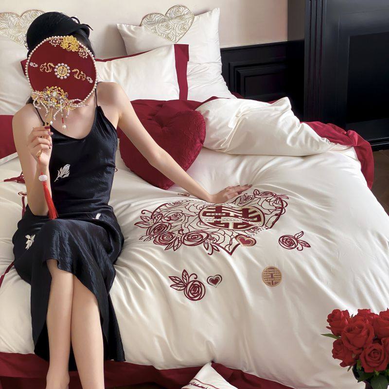 本罗兰家纺婚庆100支长绒棉全结婚四件套喜字蝴蝶结刺绣纯棉被套