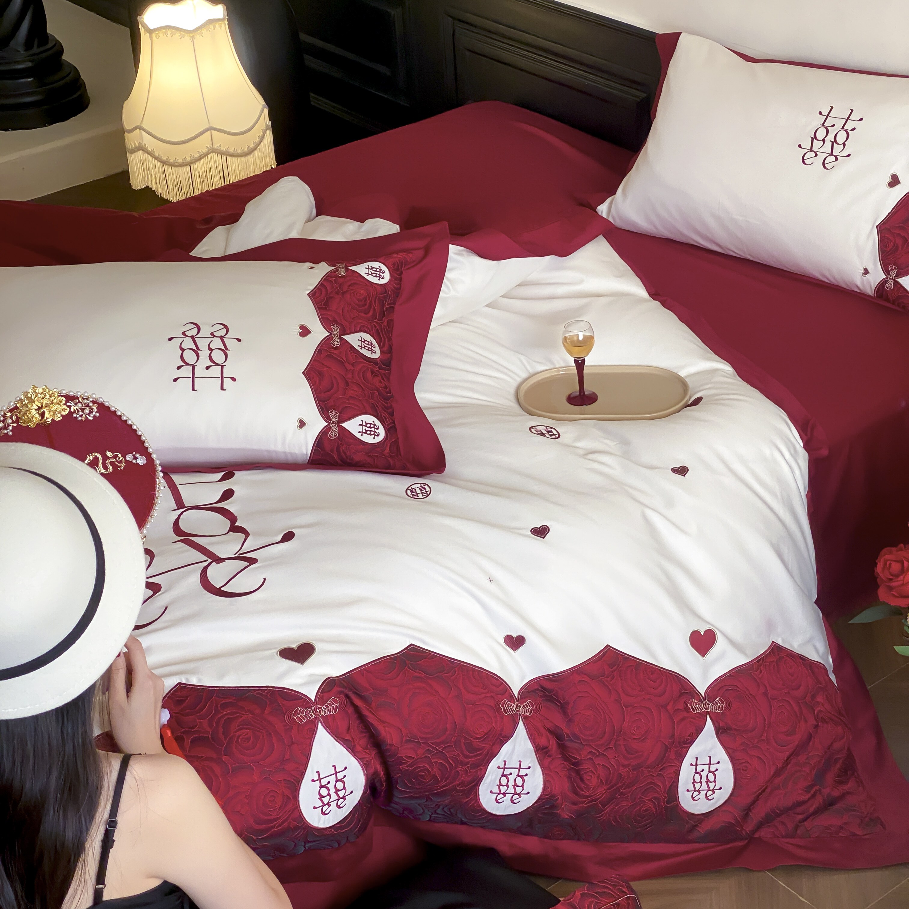 本罗兰家纺浪漫爱心100S玫瑰被套纯棉婚庆礼四件套刺绣结婚红色