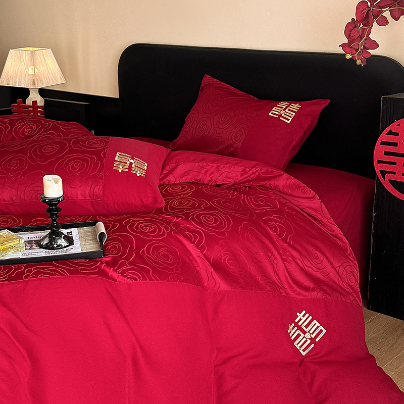 本罗兰家纺高档婚庆四件套红色纯棉120支刺绣结婚被套全棉床单笠