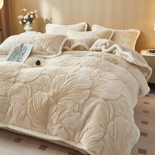 加厚雕花兔毛绒四件套a类牛奶绒冬季 珊瑚绒被套床单床笠床品套件