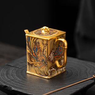 周鸿杰大师手工四方茶壶鎏金复古中国风四圣兽轻奢功夫茶具礼盒装
