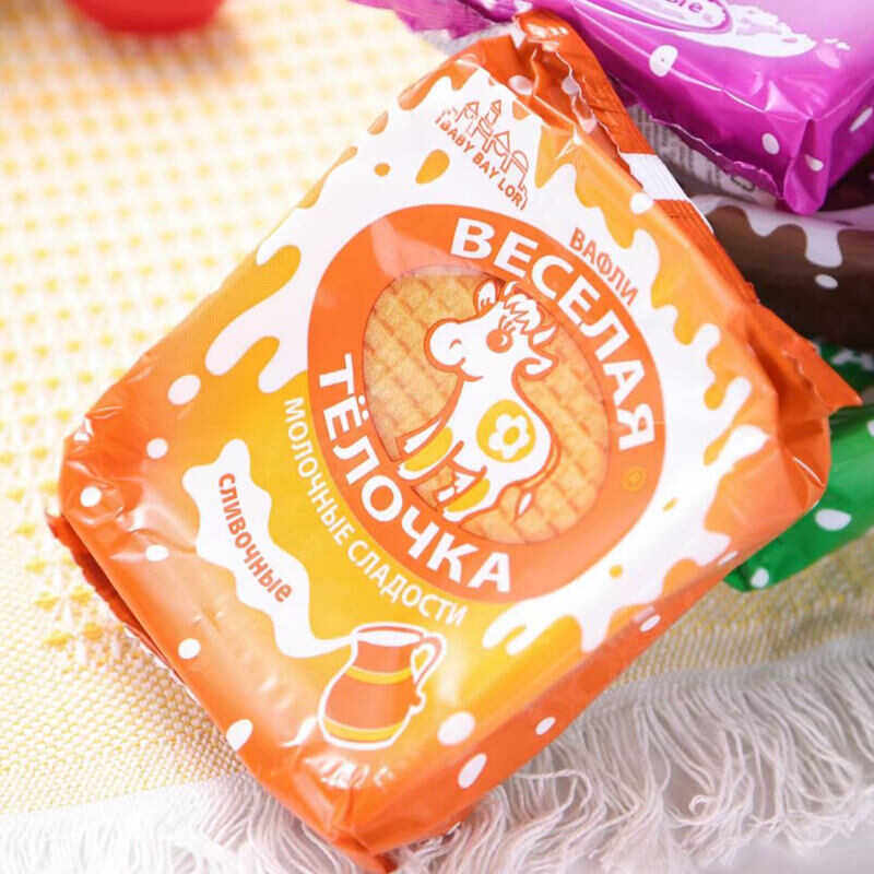 俄罗斯拉丝饼干开心牛华夫饼奶油炼乳夹心奶酪巧克力味进口小零食