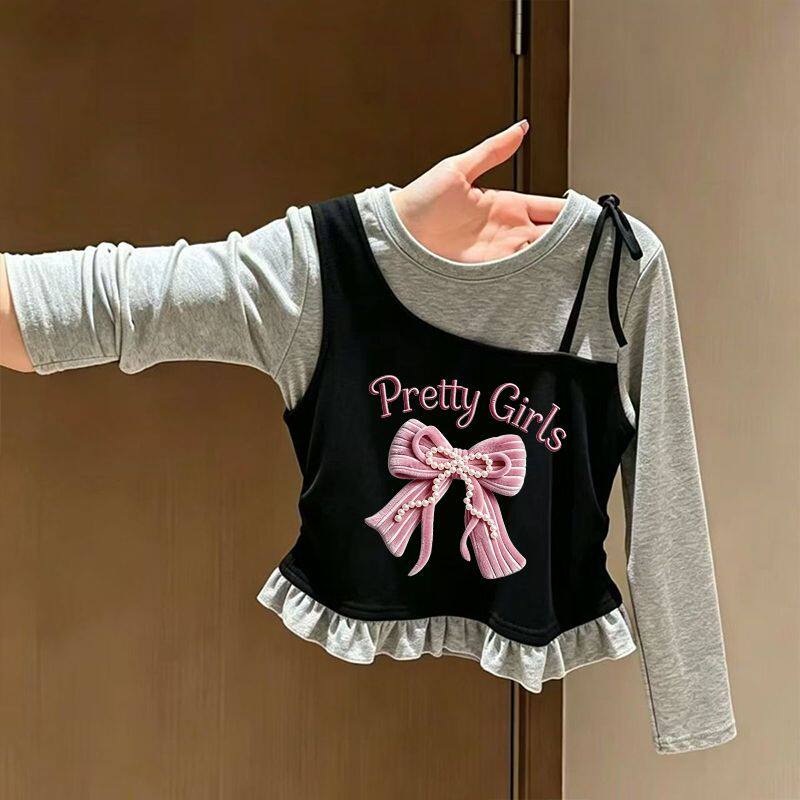 秋季新款女童时尚款假两件蝴蝶结长袖T恤女黑色木耳边打底衫上衣