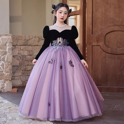 赫本风女童晚礼服新款秋冬季女孩生日公主裙钢琴主持人大童连衣裙