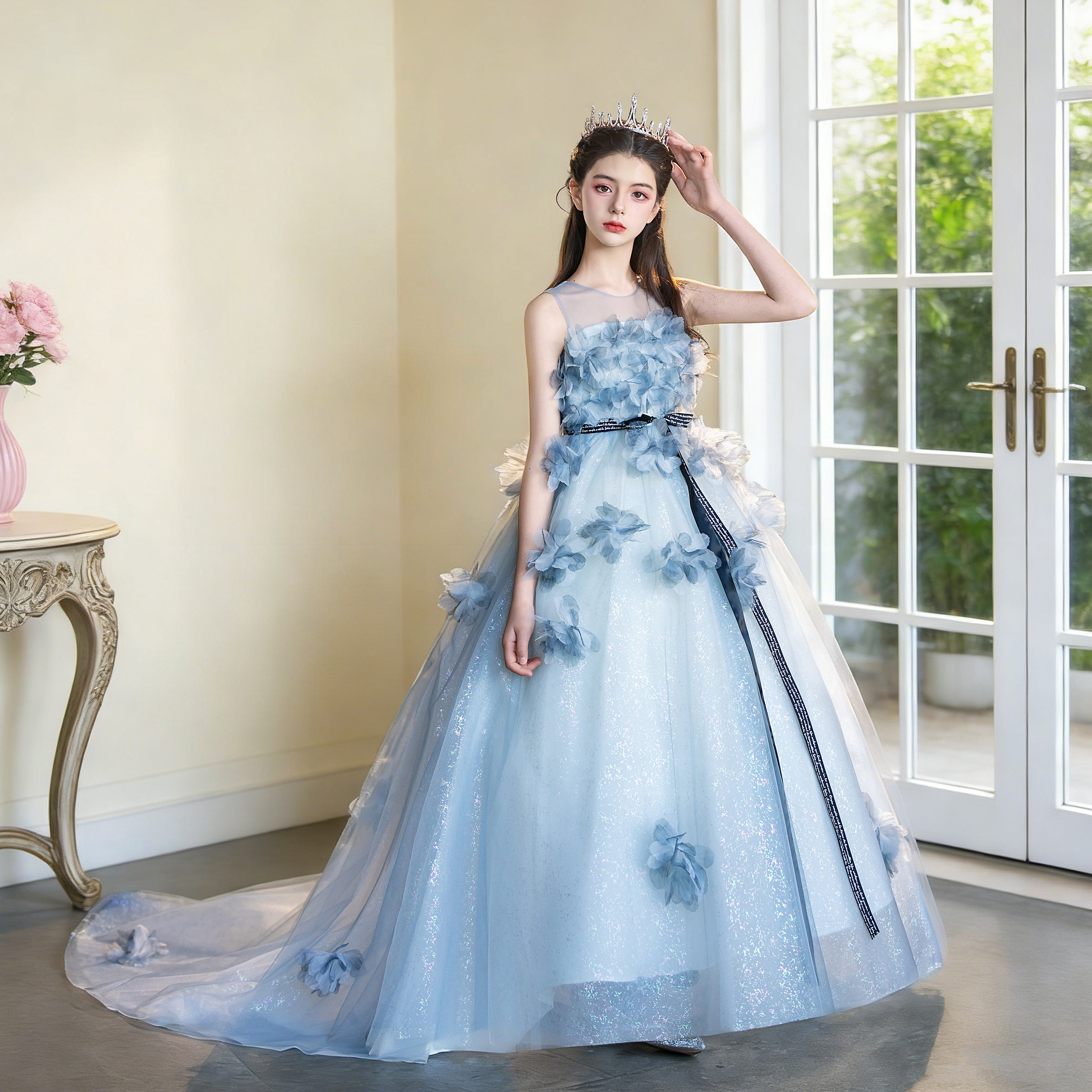女童晚礼服拖尾洋气高端公主裙2026款T台模特主持人走秀钢琴演出 - 实物图