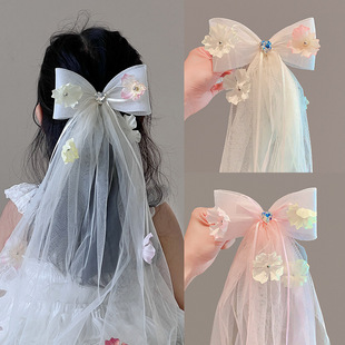森系超仙花环头纱儿童超大头纱网纱蝴蝶结发夹花童编发花仙子头饰