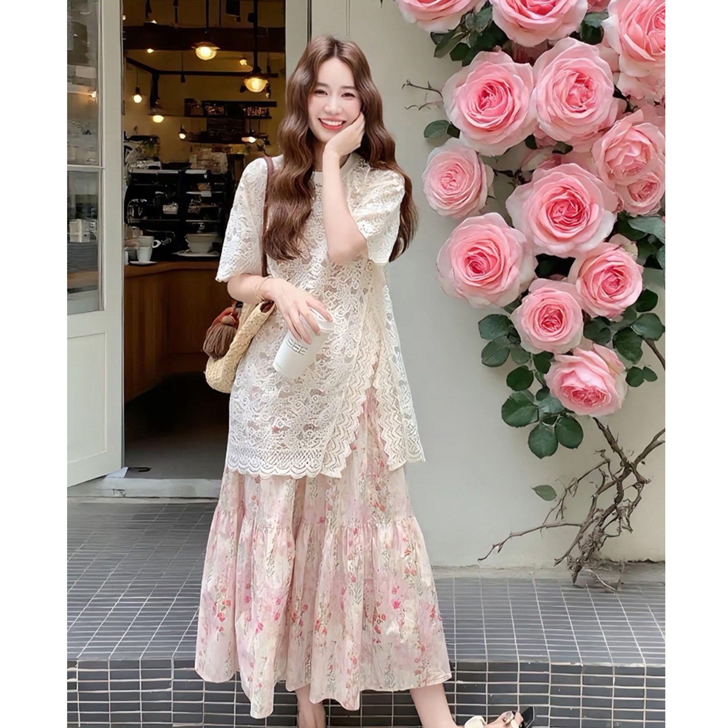 2026新款韩版设计感不规则白色薄纱蕾丝罩衫女夏季外搭中长版短袖