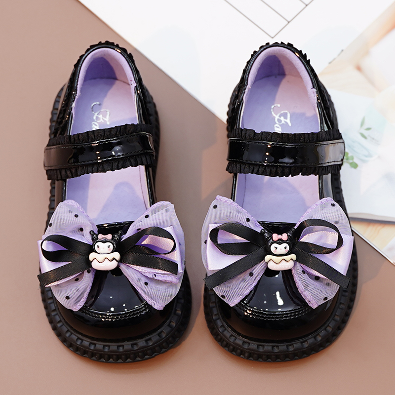 真皮女童鞋亮皮紫色蝴蝶结软底